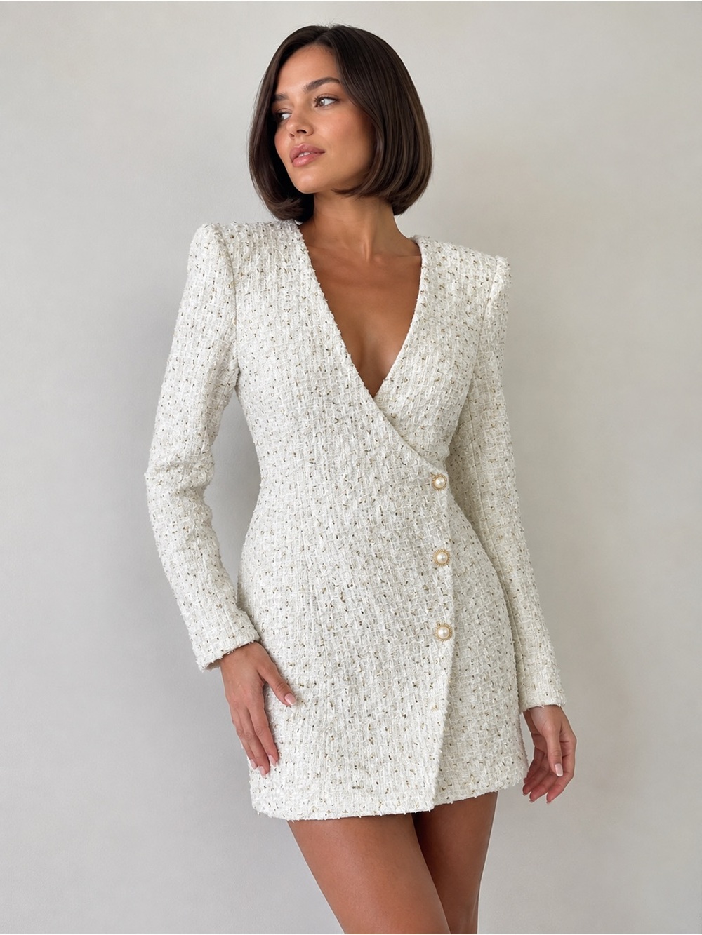 Just Me Ivory Gold Tweed Blazer Dress Pearl Buttons Shoulder Pads S